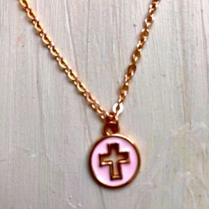 Necklace | Gold Chain with Light Pink Enamel Cross Charm | Handmade